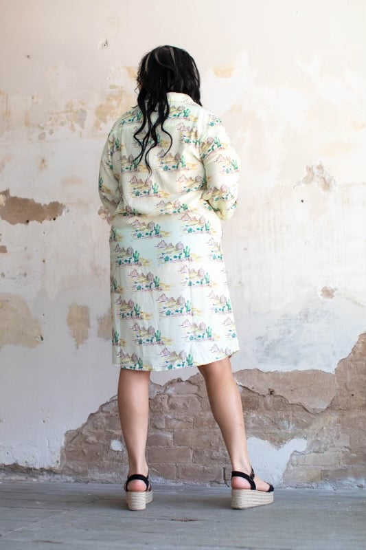 Desert art scene oversized collared shirt dress