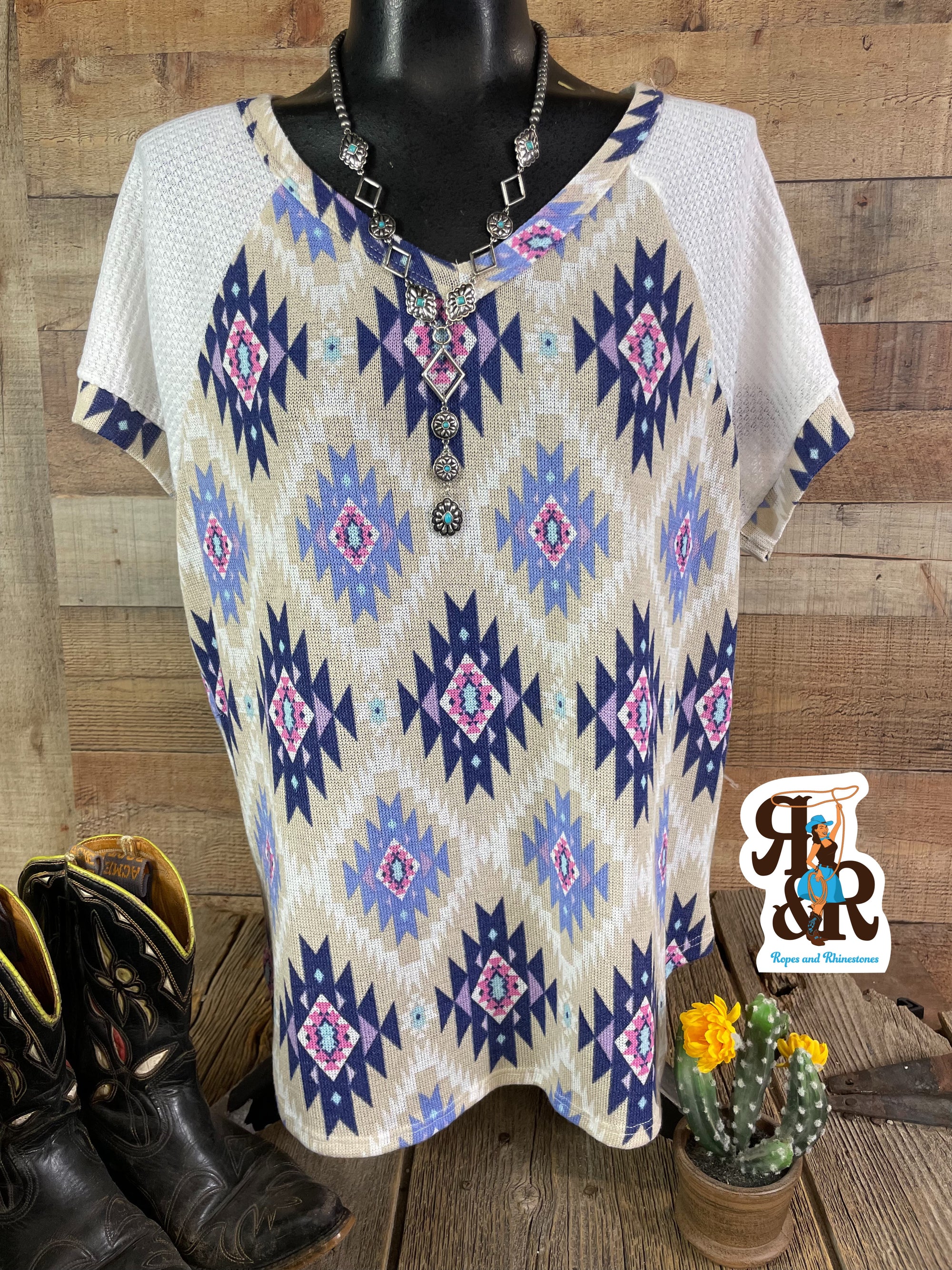 Taupe Navy Aztec Short Sleeve Top