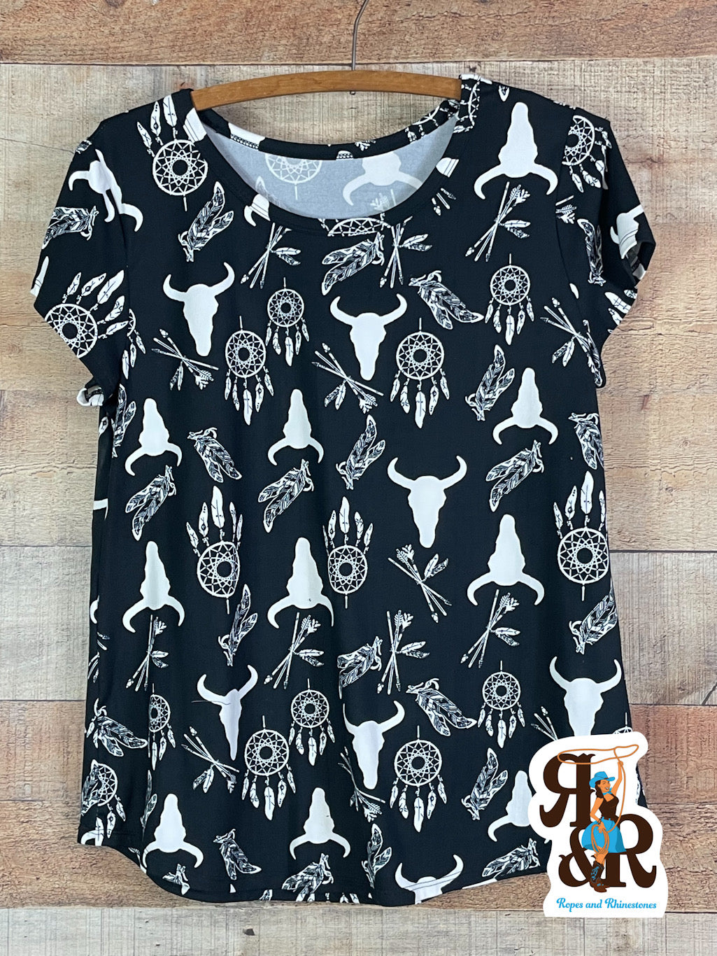 Western Print Black Short Sleeve Top