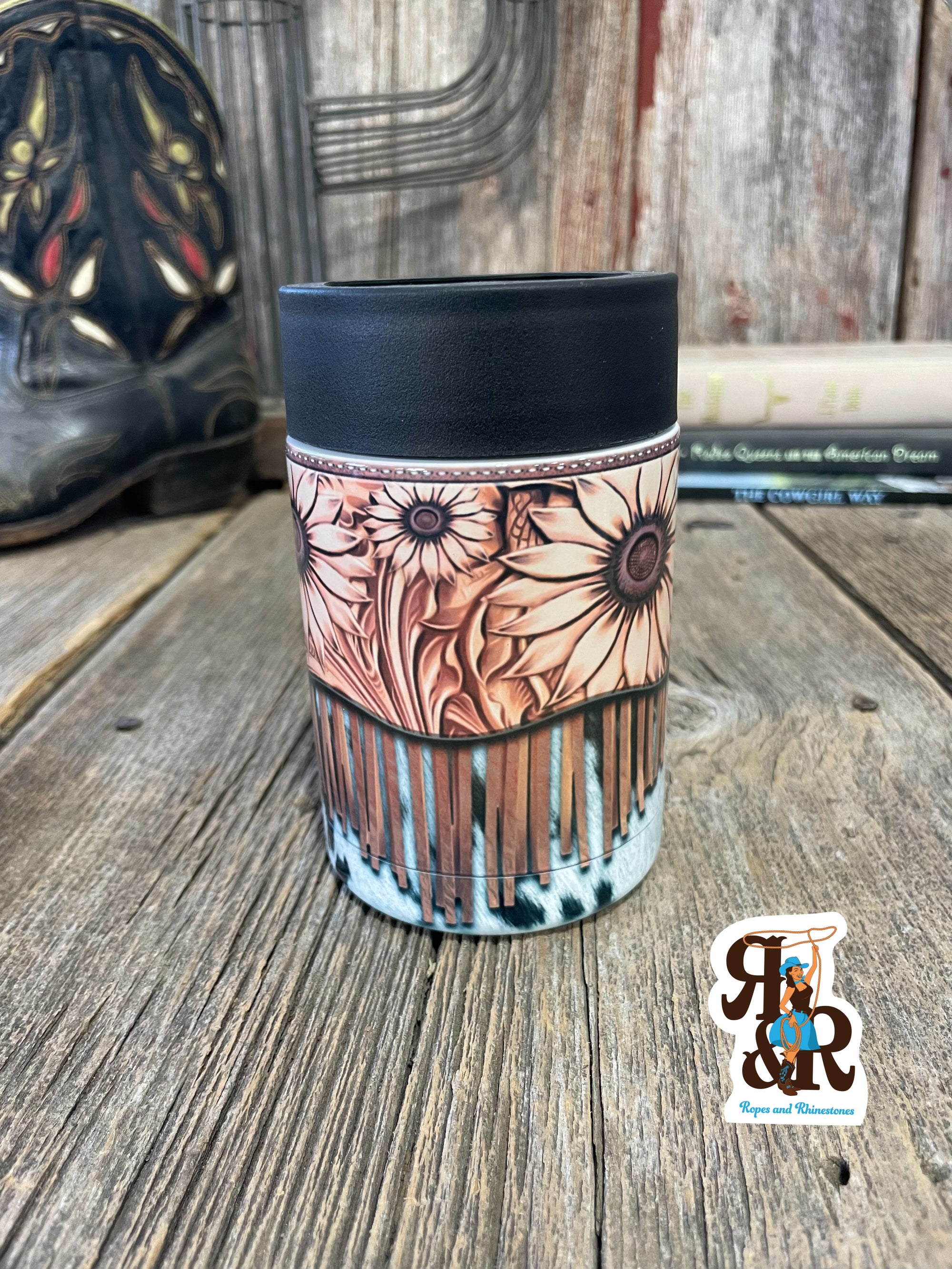 Tooled Leather, Fringe & Cowhide Can Cooler