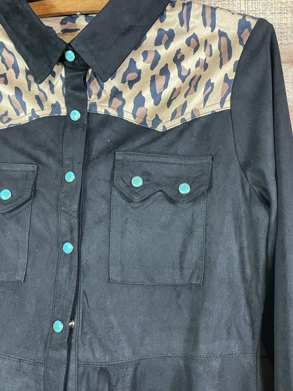 Black Leopard Snap Front Dress