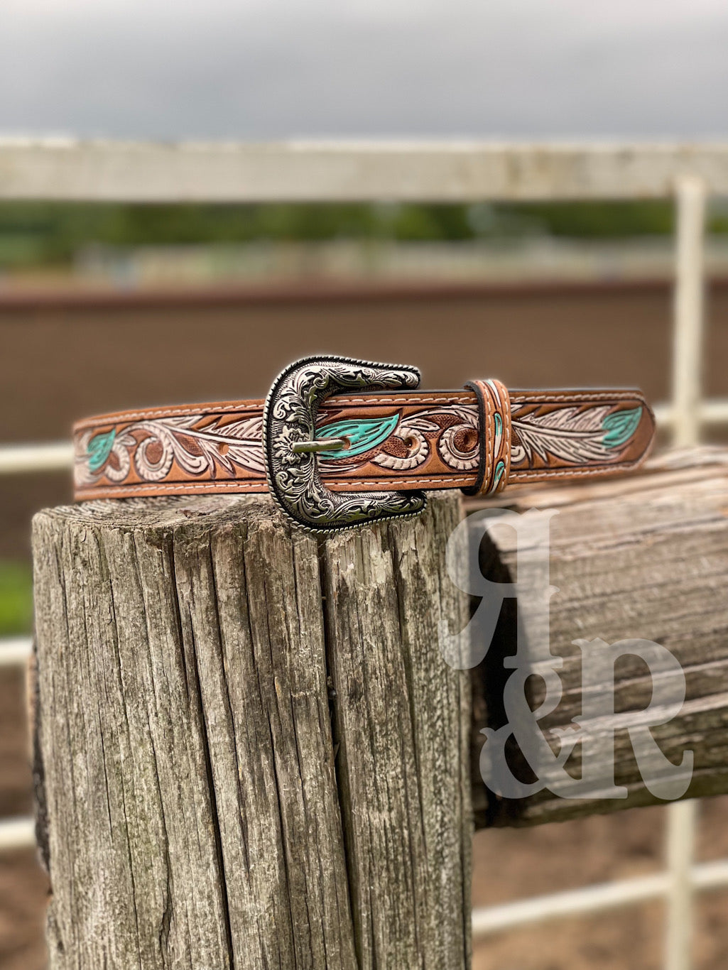 Feather Scroll Tooled Leather Belt