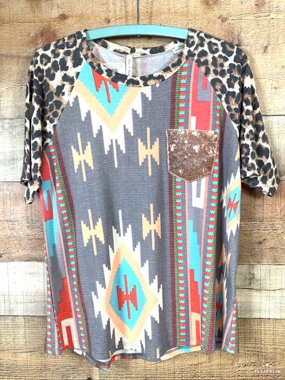 Now N Forever Aztec & Leopard Sequin Pocket Tee - Ropes and Rhinestones