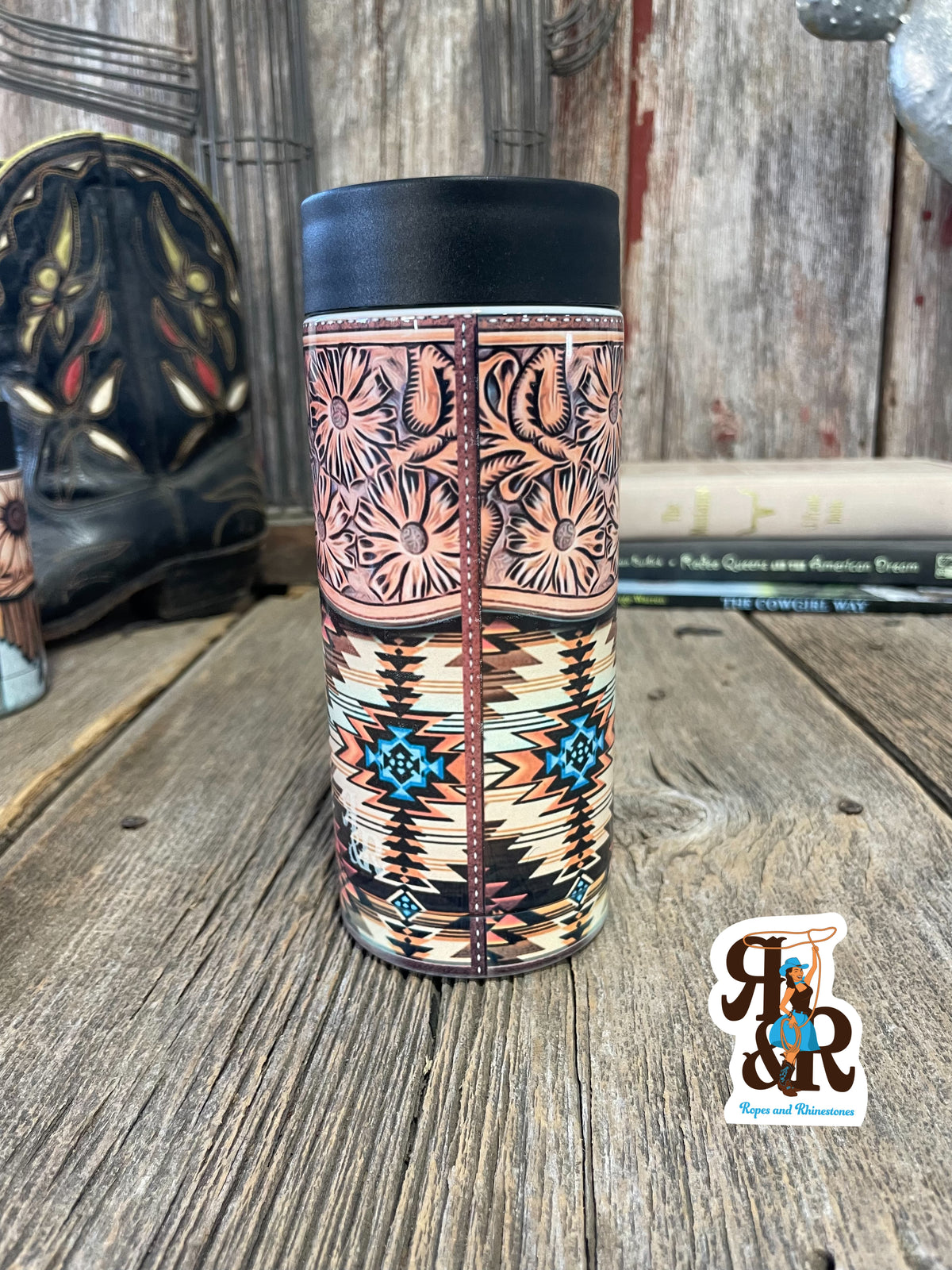 Tooled Leather &amp; Aztec Skinny Can Cooler